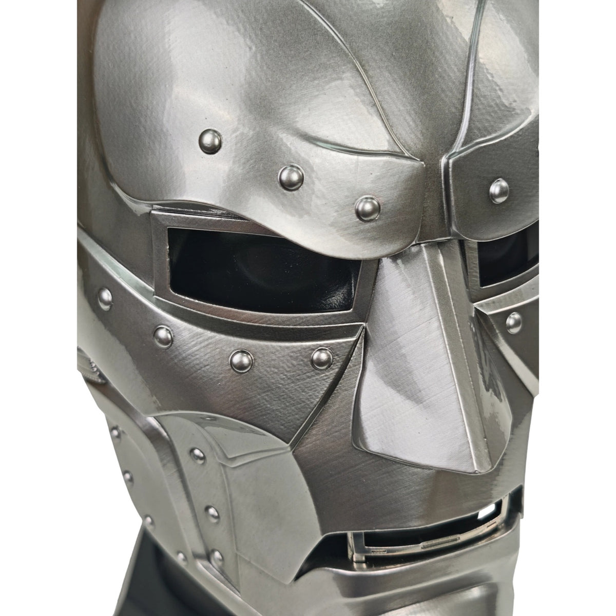 Close-up of Doctor Doom mask with brushed silver finish