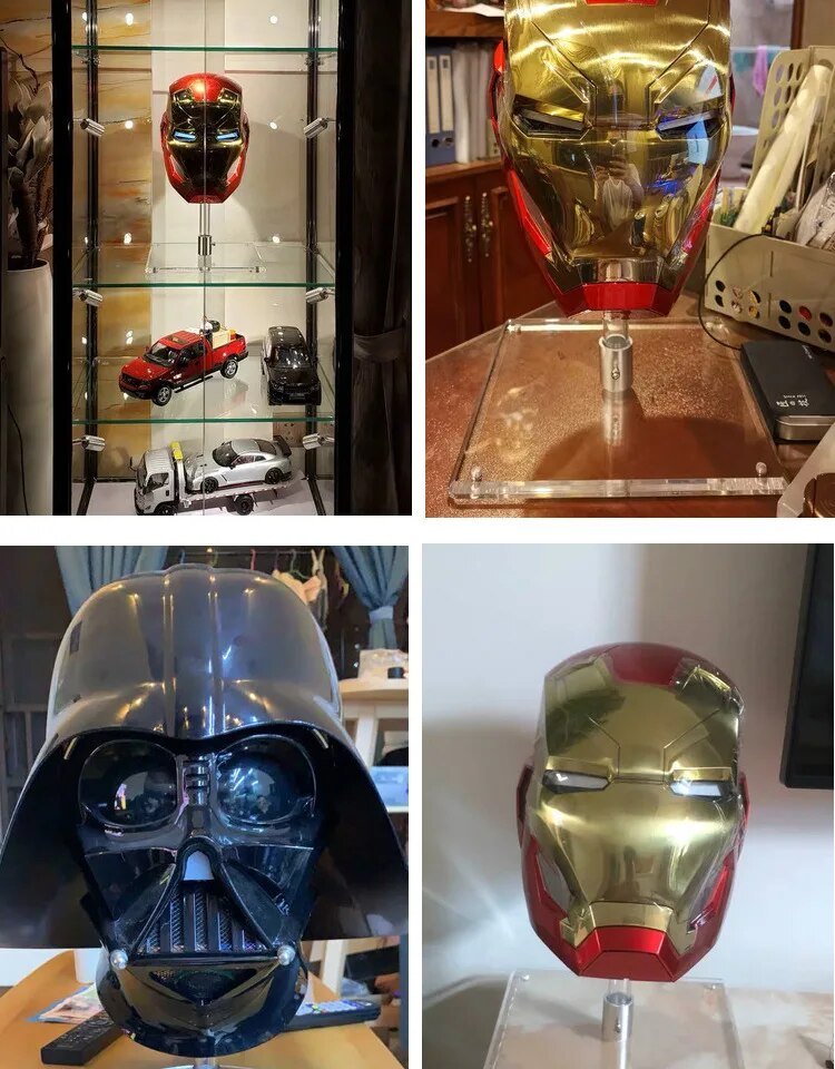 Acrylic helmet display stand used with helmet collection examples