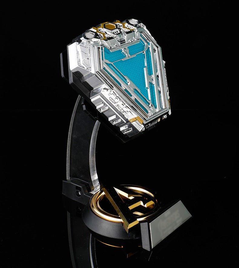 Iron Man MK50 arc reactor replica on stand, side three-quarter view