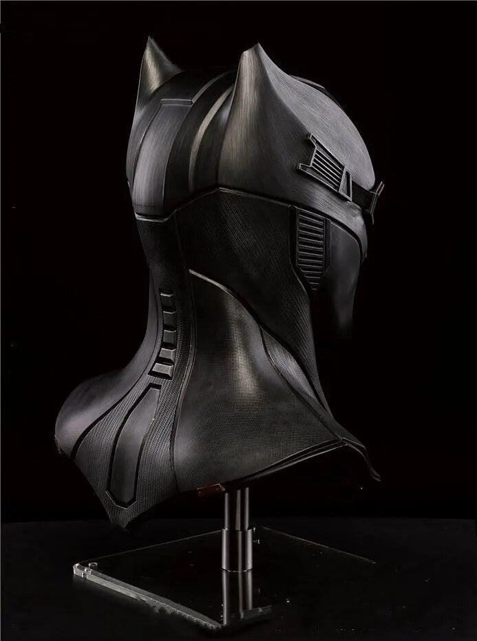 Justice League Batman Bat Cowl on display stand, rear three-quarter view
