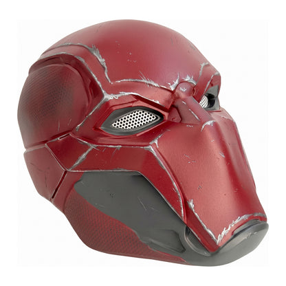 Red Hood helmet front left three-quarter view with side panel texture