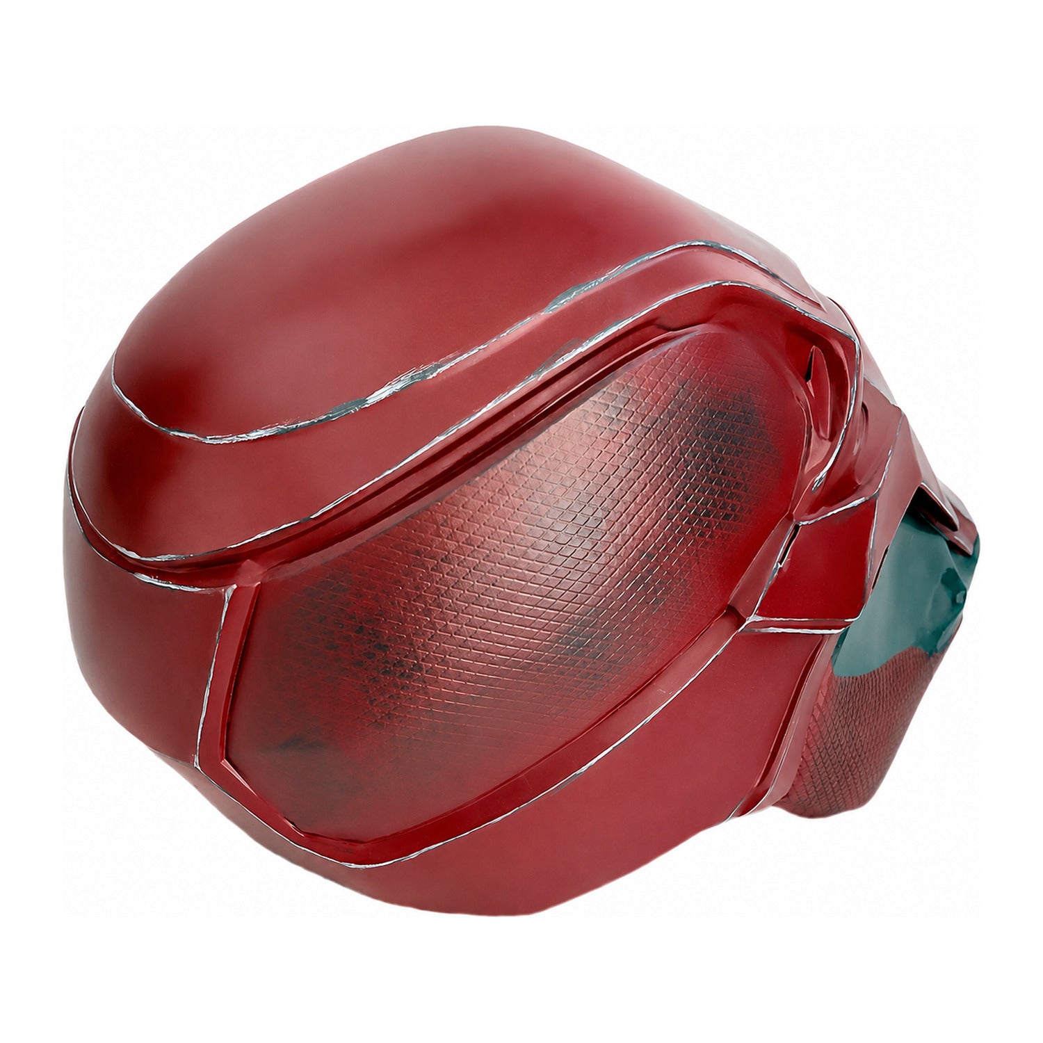 Red Hood helmet rear right angled view showing worn red shell detail
