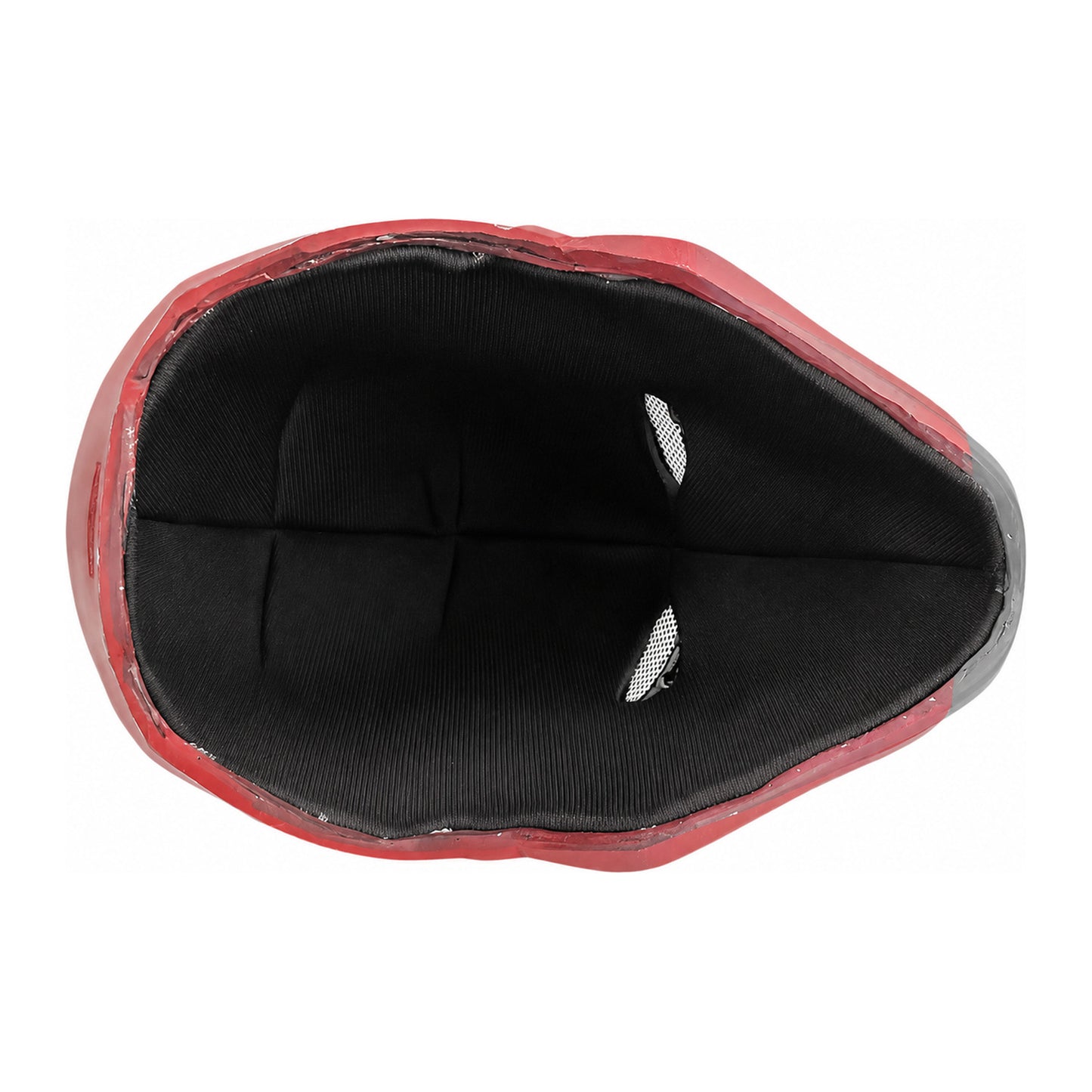 Red Hood helmet interior top view with black lining and eye mesh openings