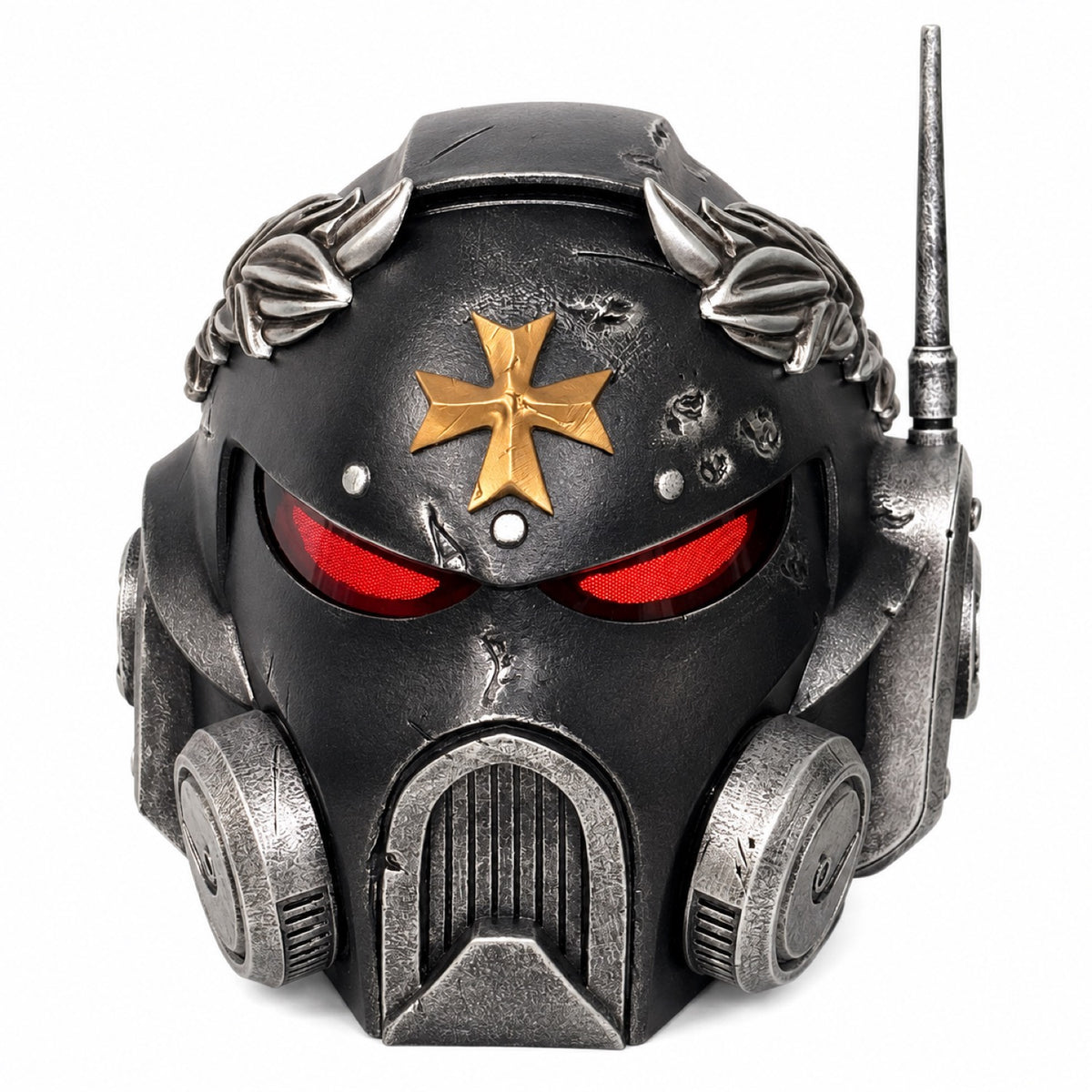 Black Templars marine wearable helmet front view with LED lighting