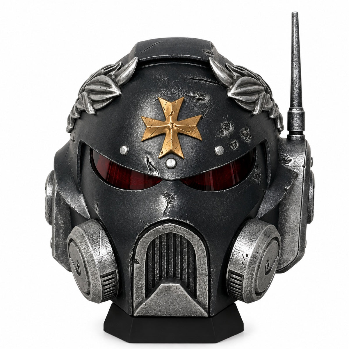 Black Templars marine wearable helmet rear left three-quarter view