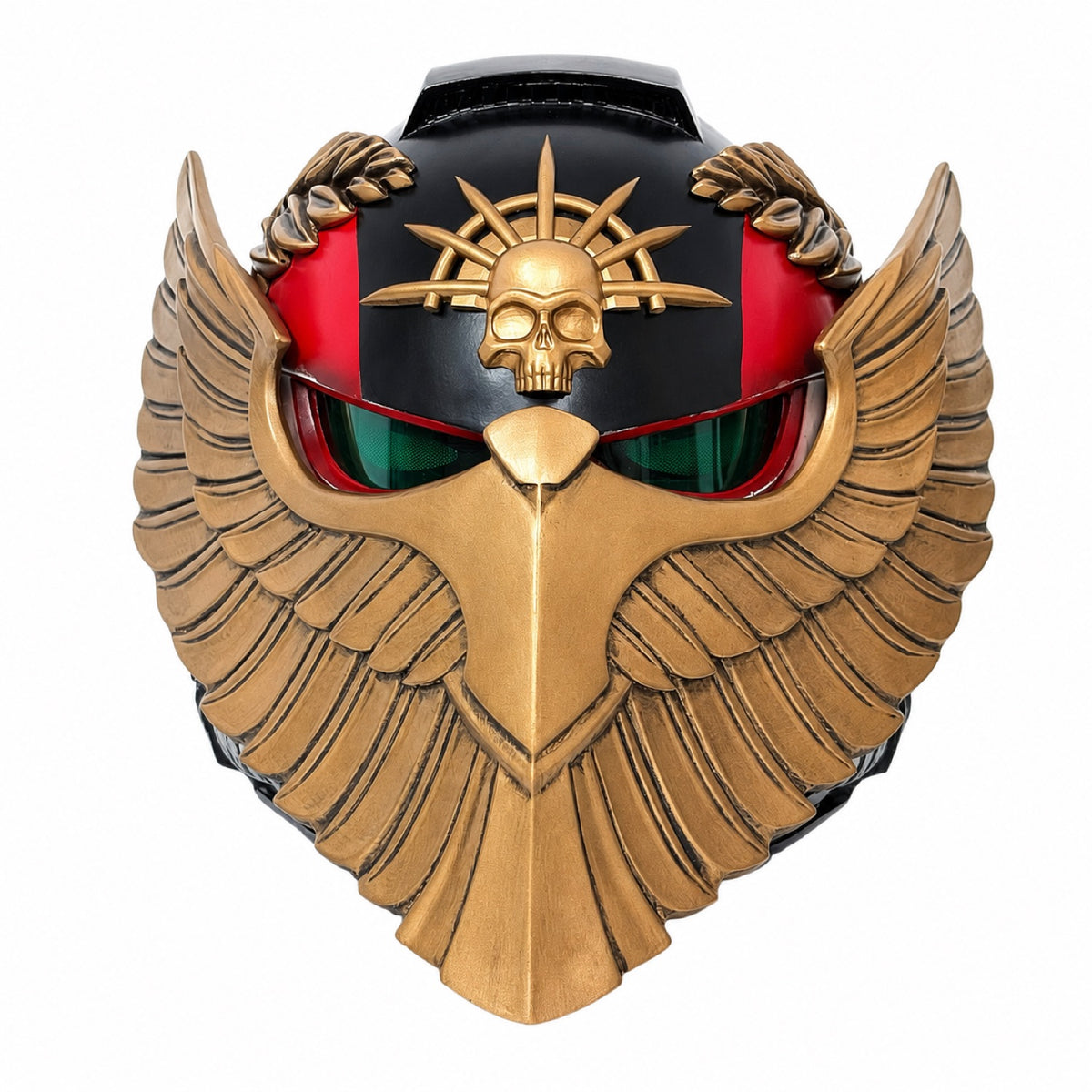Blood Angels Style Bulwark Relic wearable helmet, front view with gold winged face guard