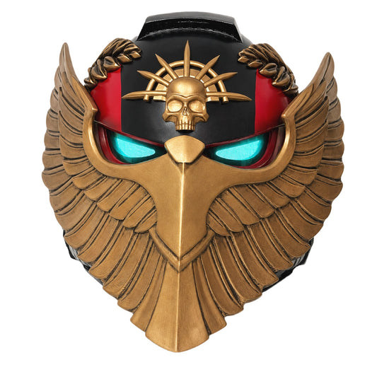 Blood Angels Style Bulwark Relic helmet, front view with illuminated green eye lenses