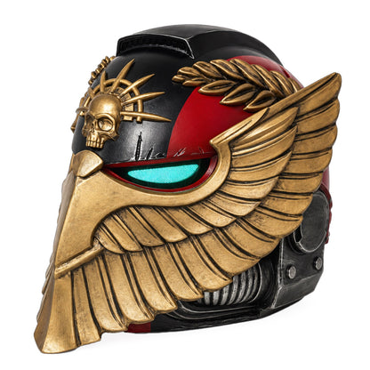 Blood Angels Style Bulwark Relic helmet, front three-quarter view with gold feather plates