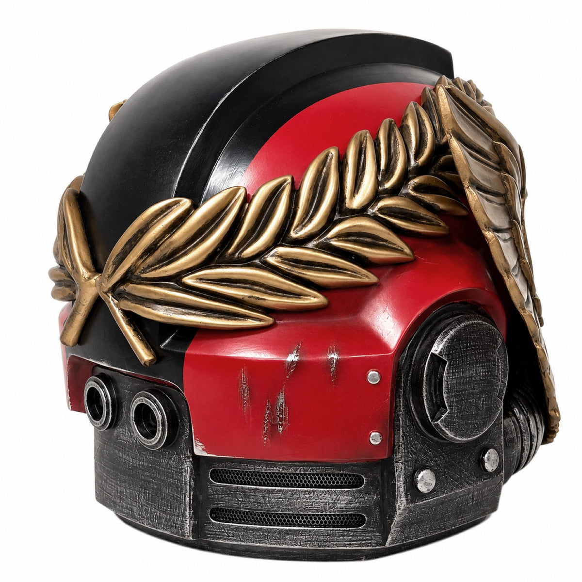 Blood Angels Style Bulwark Relic wearable helmet, rear left view with red and gold crest details