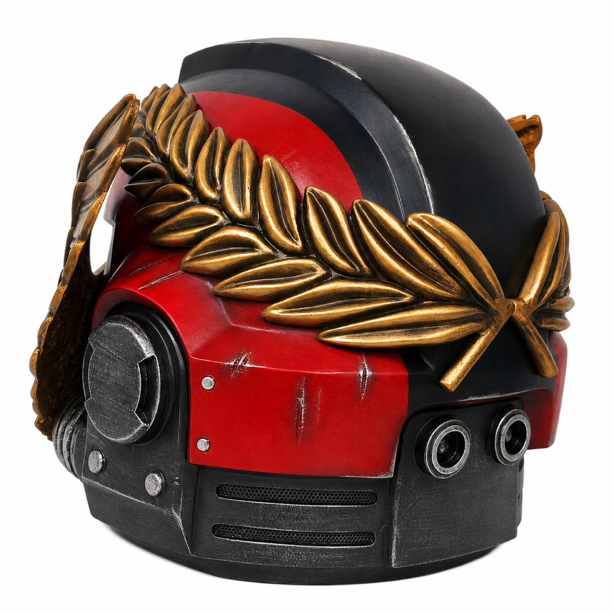 Blood Angels Style Bulwark Relic wearable helmet, rear right view with black shell and red panel