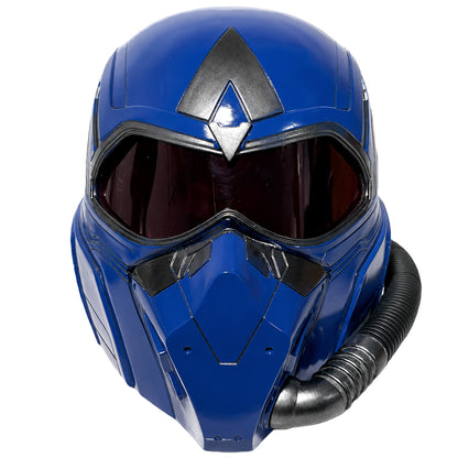 Sam Wilson Captain America helmet blue variant front view with dark visor and side hose