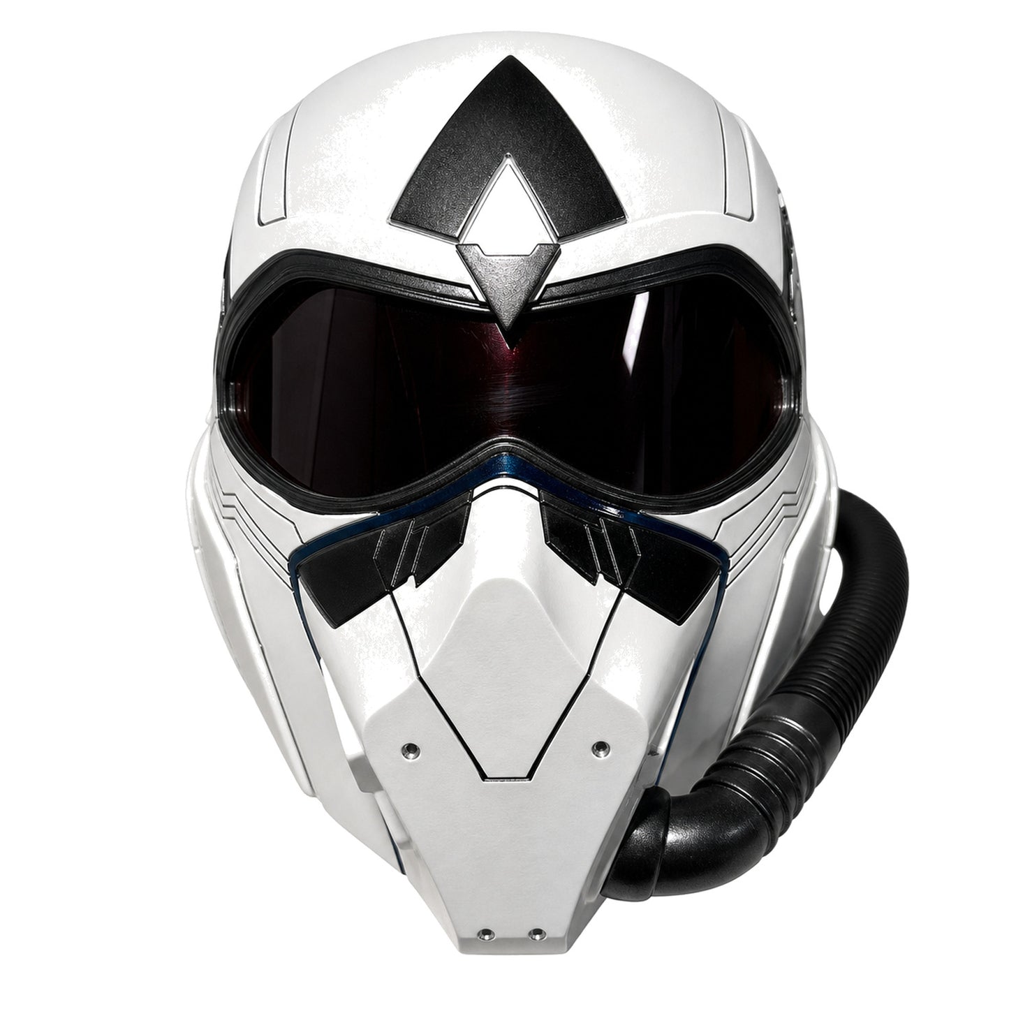 Sam Wilson Captain America helmet front view with dark visor and side hose
