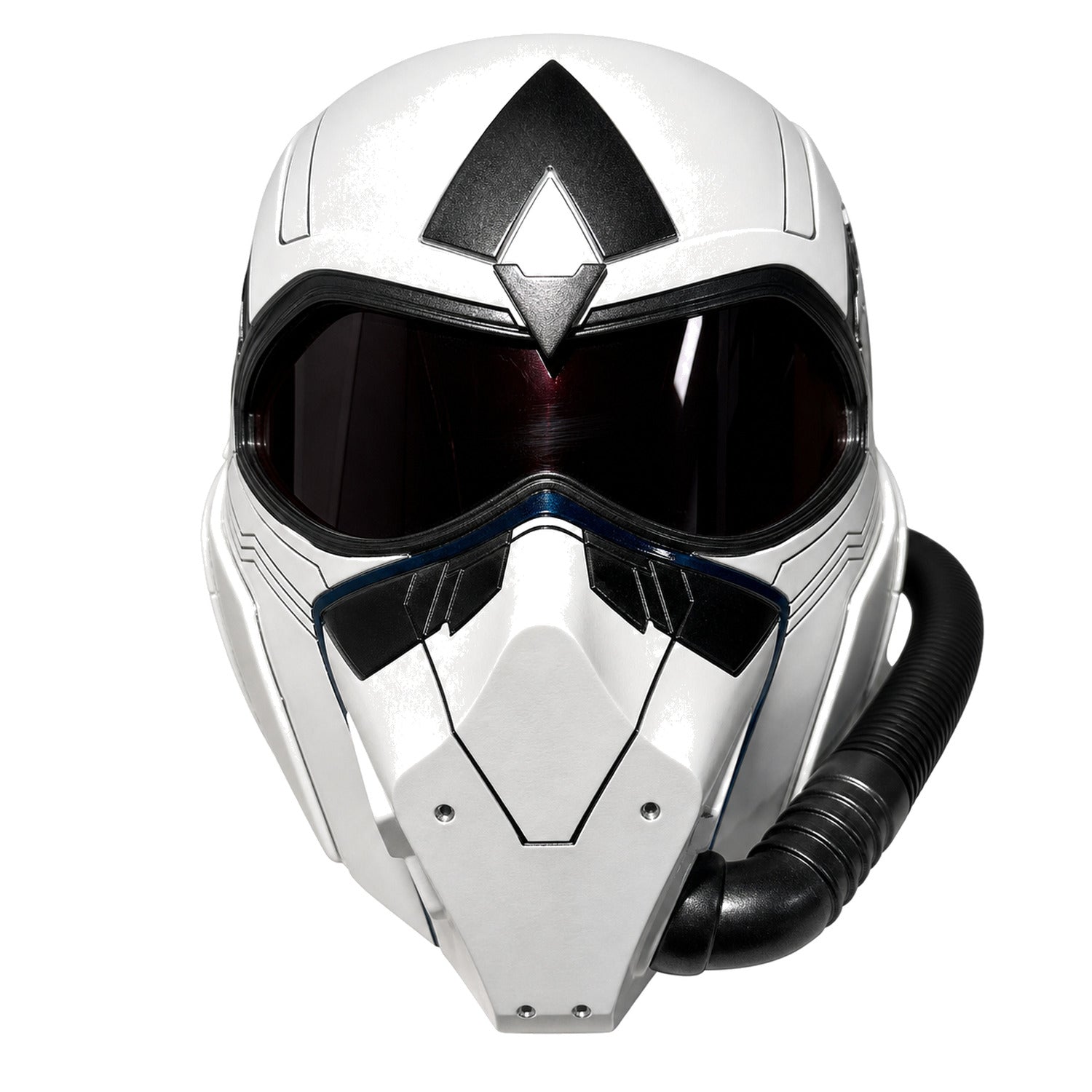 Sam Wilson Captain America helmet front view with dark visor and side hose