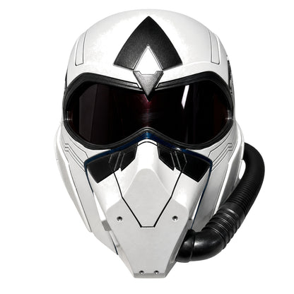 Sam Wilson Captain America helmet front view with dark visor and side hose