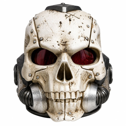 Chaplain helmet front view with dark red eye lenses