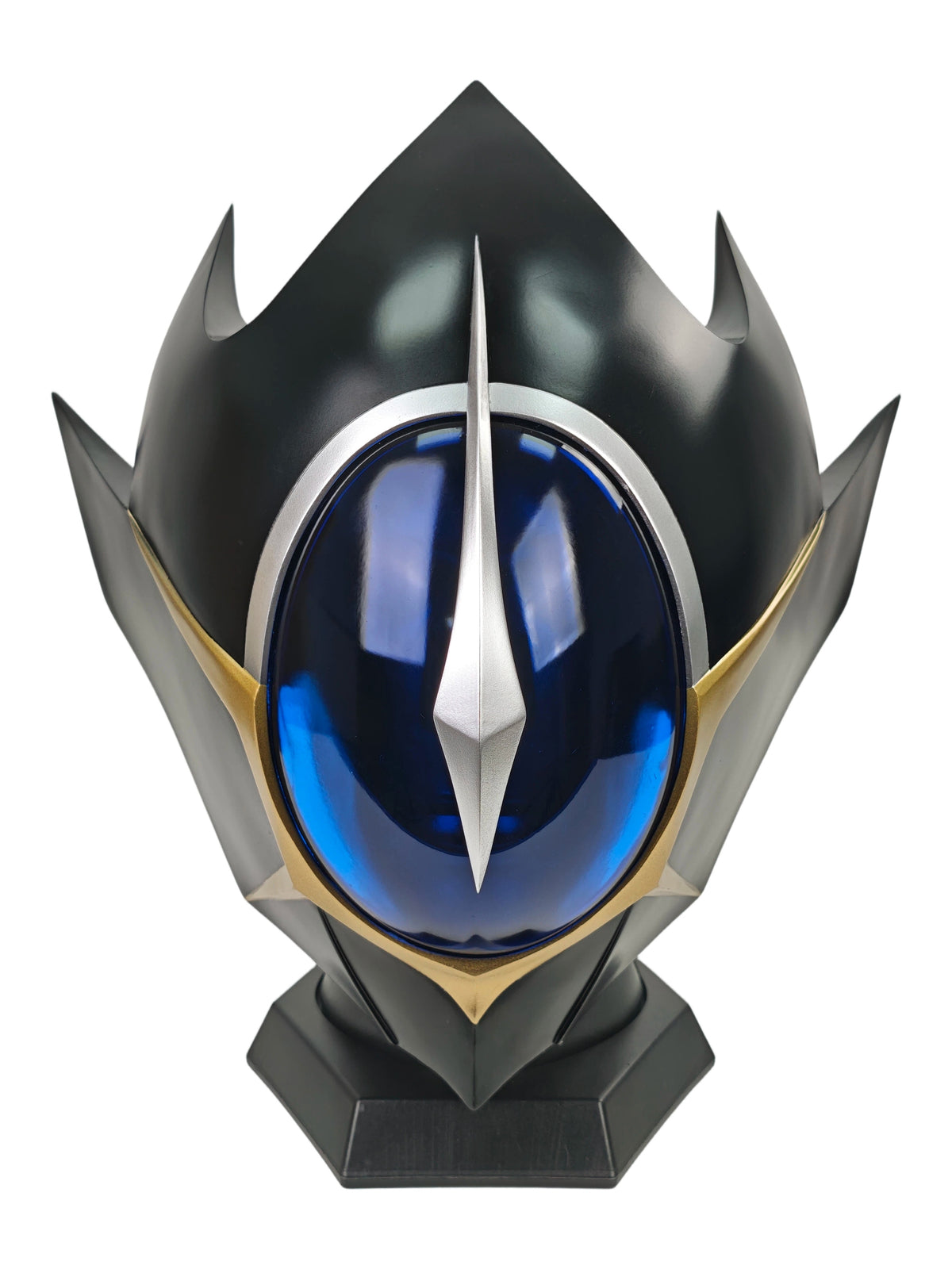 Lelouch Zero helmet front view with dark blue visor, silver center crest, gold trim, and black display base