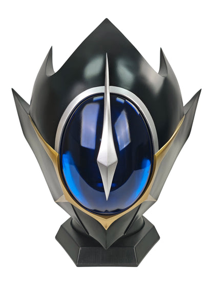 Lelouch Zero helmet front view with dark blue visor, silver center crest, gold trim, and black display base