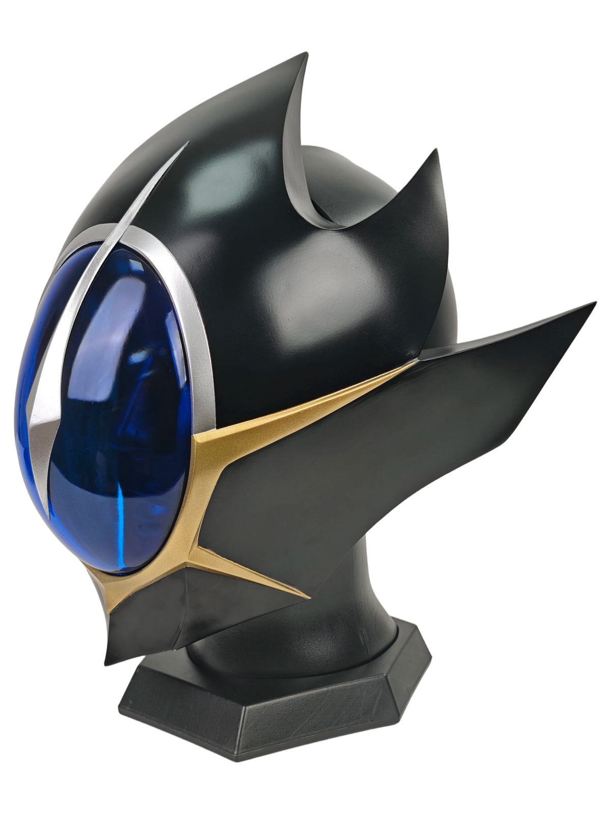 Lelouch Zero helmet three-quarter view with black crown spikes, blue visor, silver crest, and gold trim