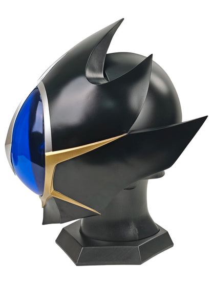 Lelouch Zero helmet left profile with dark blue visor, black side fin, gold trim, and display base