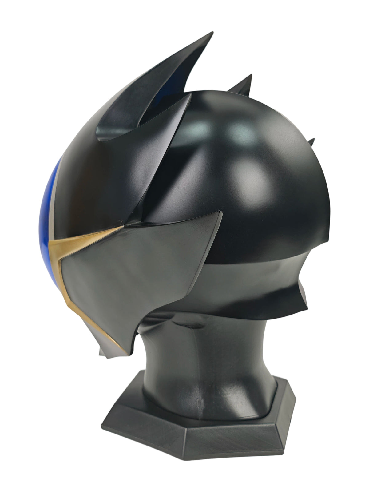 Lelouch Zero helmet rear-left view showing the smooth black dome, layered spikes, and display base