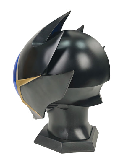 Lelouch Zero helmet rear-left view showing the smooth black dome, layered spikes, and display base