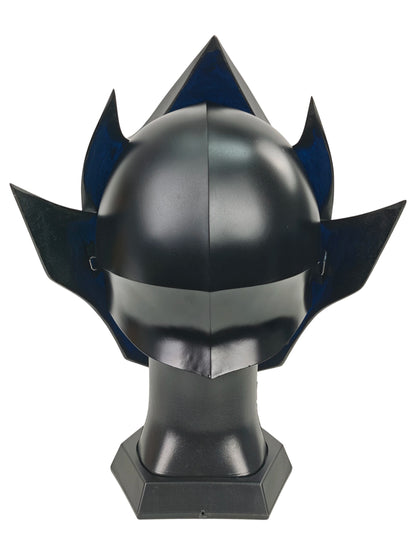 Lelouch Zero helmet rear view with black dome seam, pointed rear fins, and angular black display base