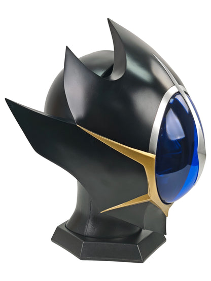 Lelouch Zero helmet right side view with layered black fins, rear shell, and polygonal display base