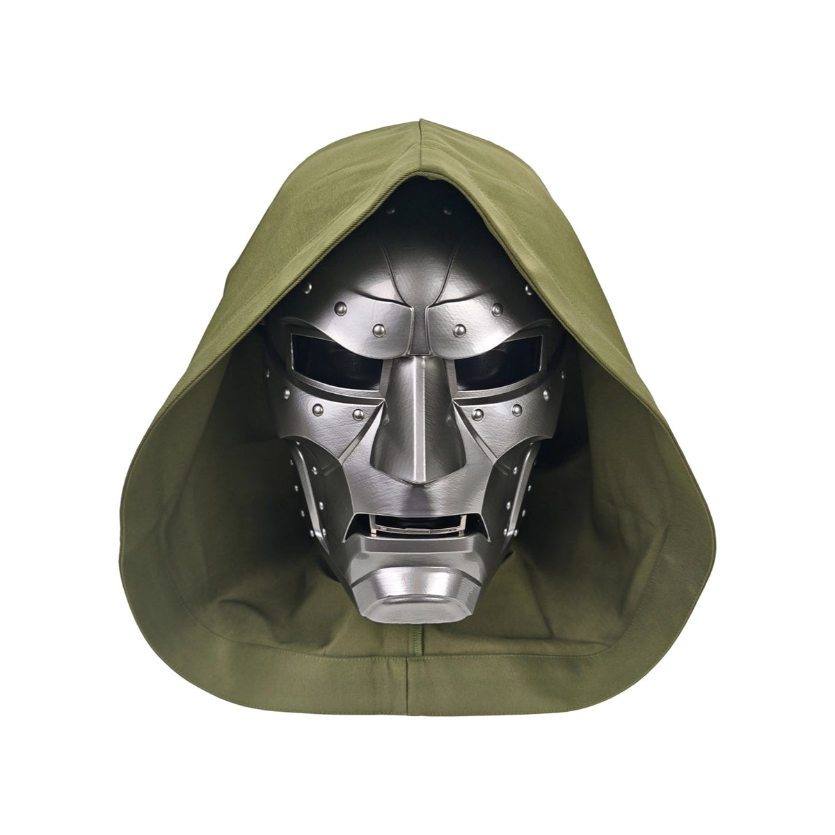 Doctor Doom wearable mask with olive hood, front view