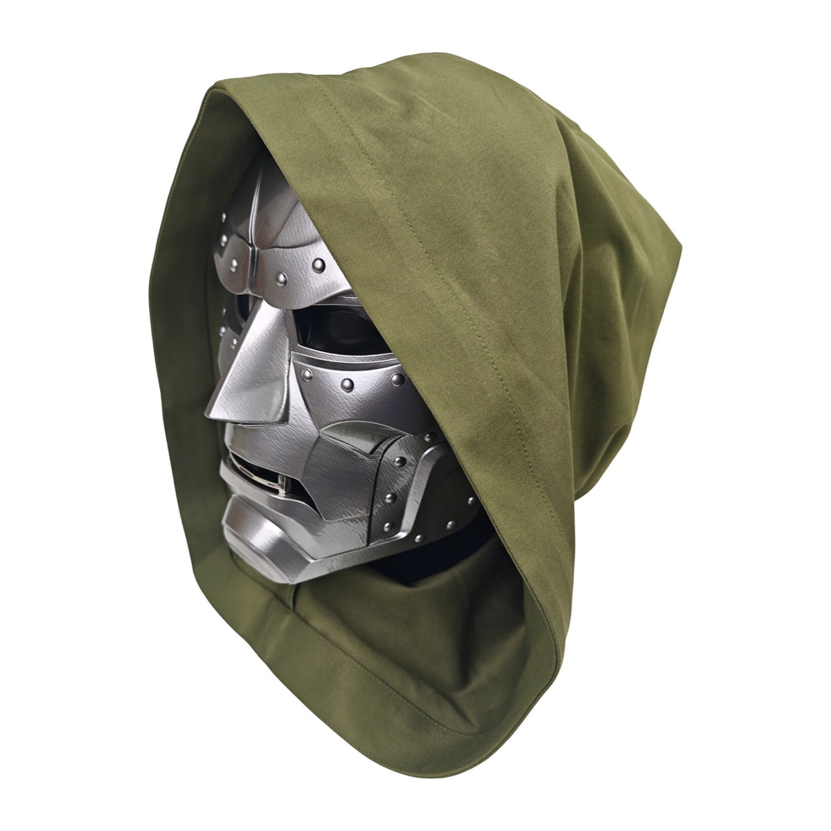 Doctor Doom wearable mask with olive hood, left three-quarter view