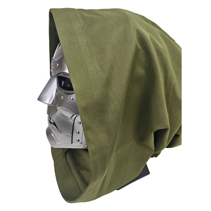 Doctor Doom wearable mask with olive hood, left profile