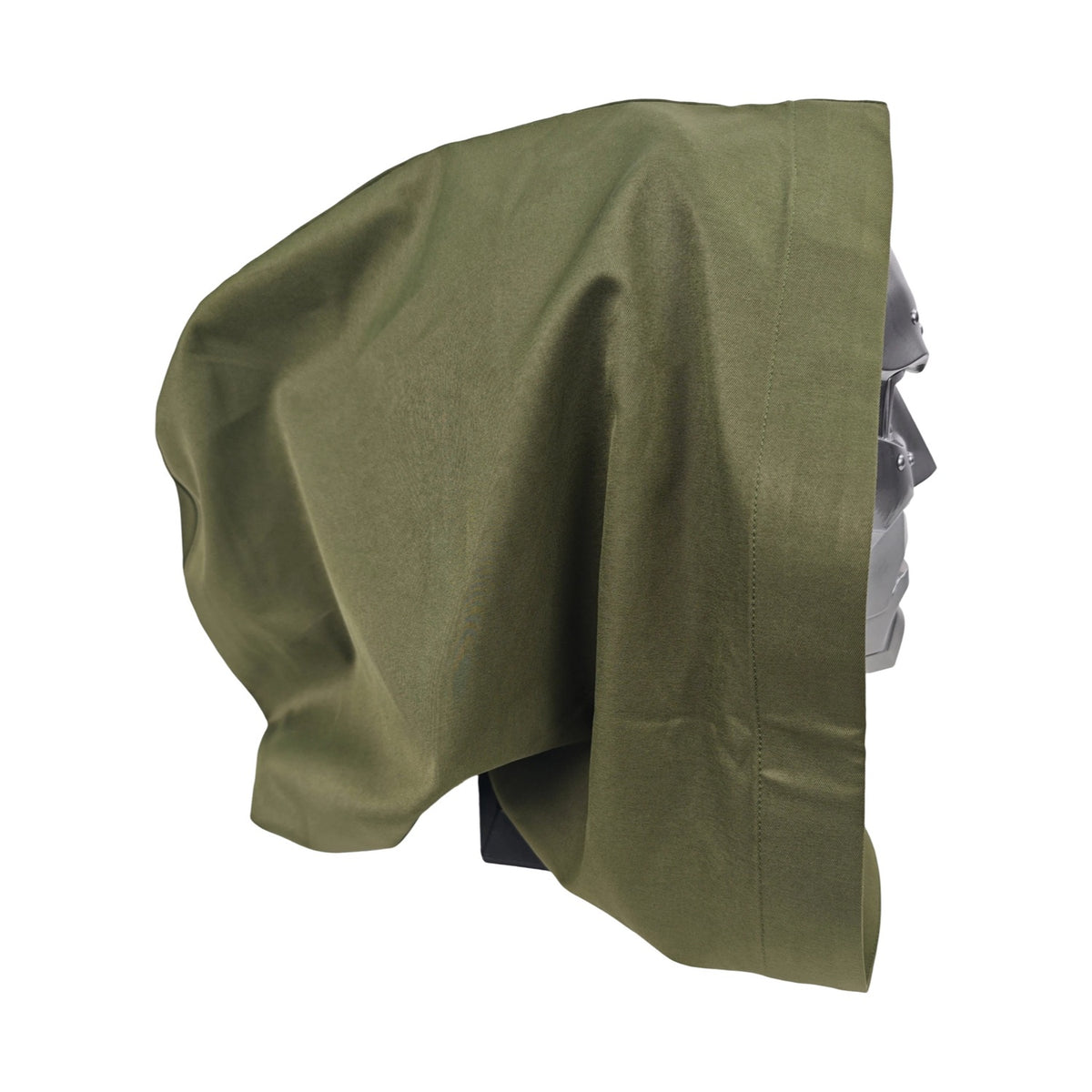 Doctor Doom wearable mask with olive hood, rear three-quarter view