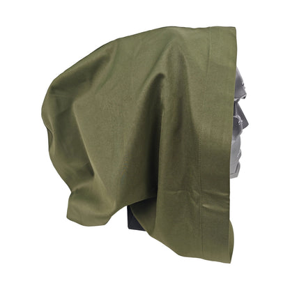 Doctor Doom wearable mask with olive hood, rear three-quarter view