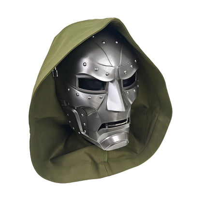 Doctor Doom wearable mask with olive hood, right three-quarter view