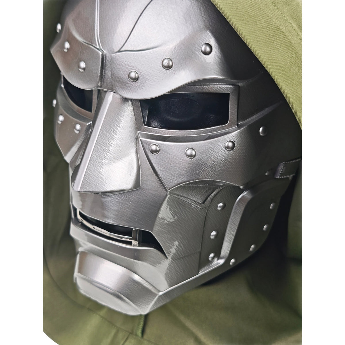 Doctor Doom wearable mask with olive hood, angled front view