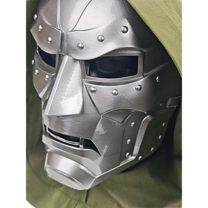 Doctor Doom wearable mask with olive hood, angled front view
