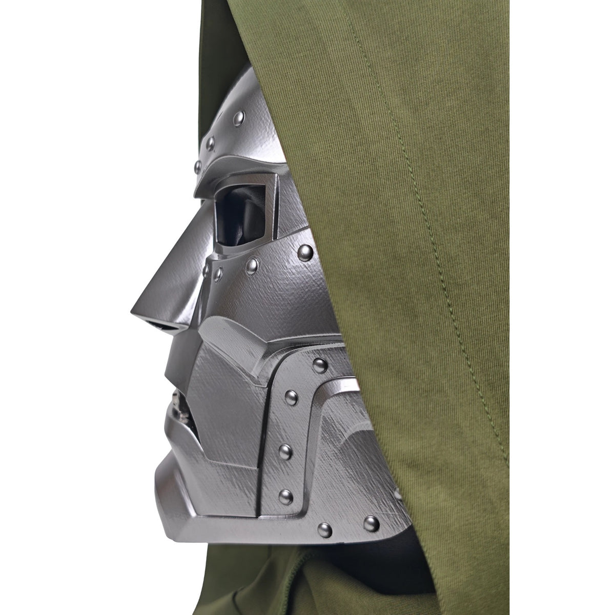 Doctor Doom wearable mask with olive hood, right profile