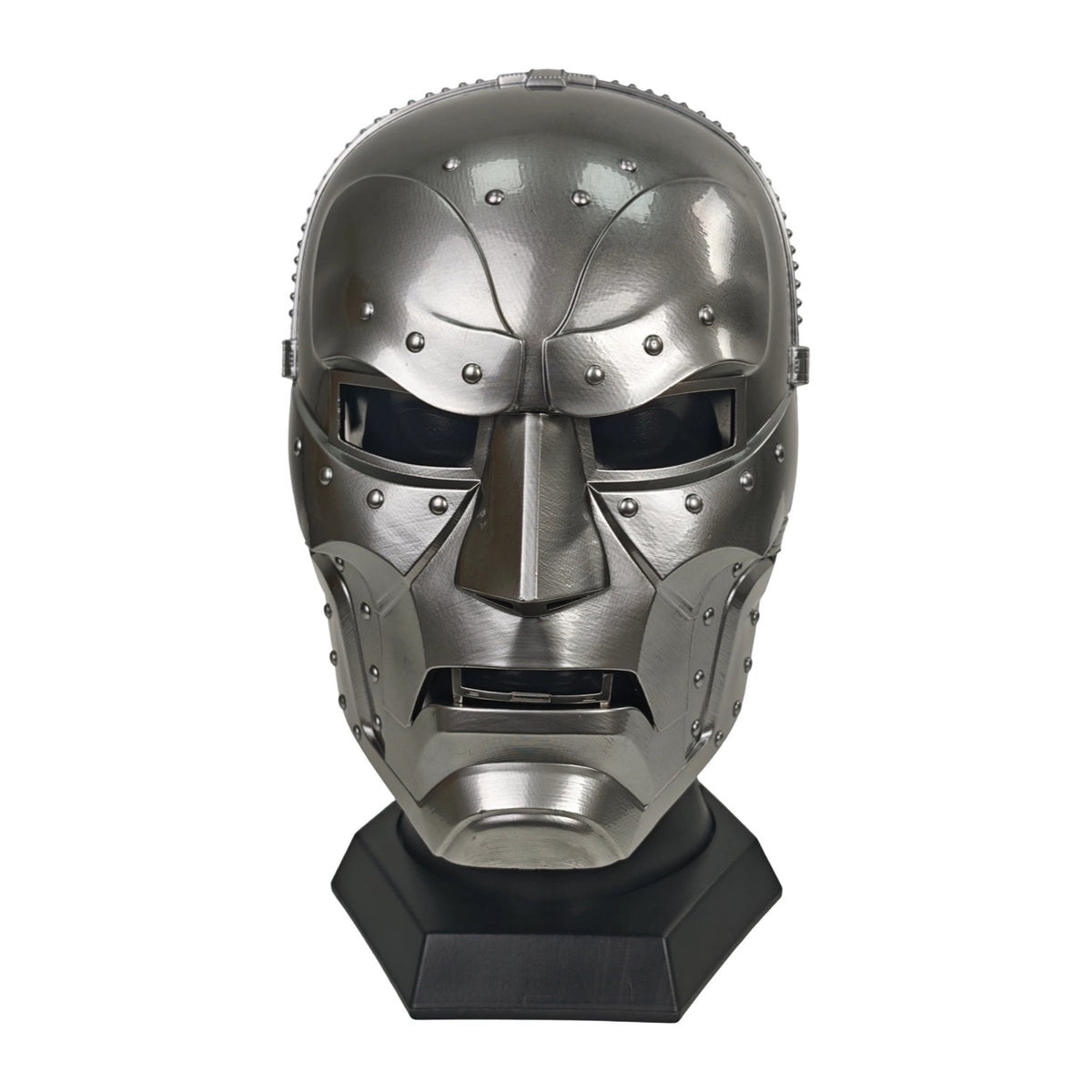 Doctor Doom wearable resin mask on display stand, front view