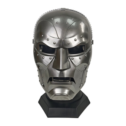 Doctor Doom wearable resin mask on display stand, front view