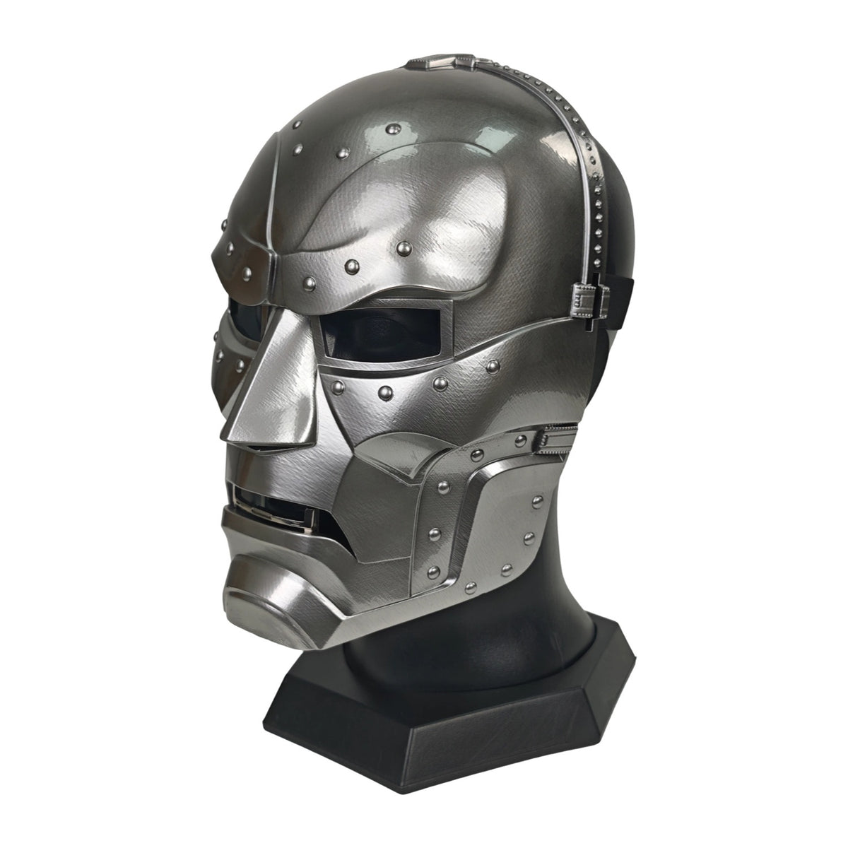 Doctor Doom wearable resin mask on display stand, three-quarter view