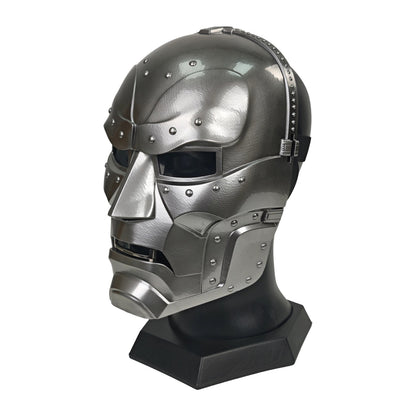 Doctor Doom wearable resin mask on display stand, three-quarter view