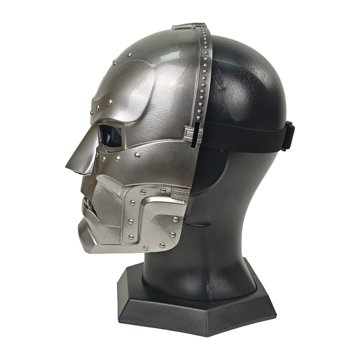 Doctor Doom wearable resin mask on display stand, side view