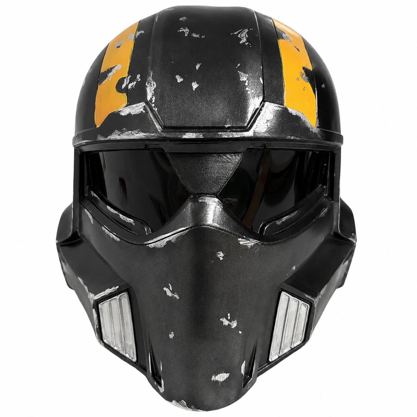 Helldivers 2 B-01 Tactical helmet Style B front view with weathered black finish and yellow stripes