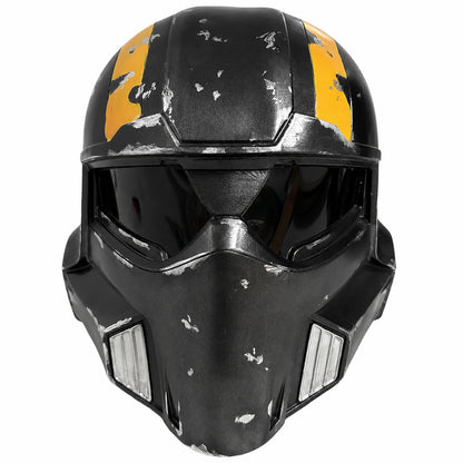 Helldivers 2 B-01 Tactical helmet Style B front view with weathered black finish and yellow stripes