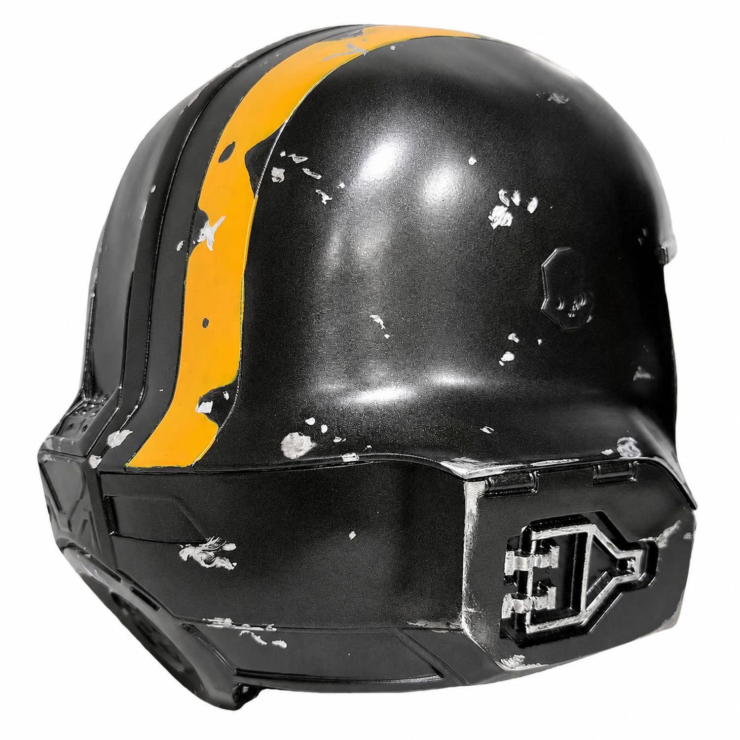 Helldivers 2 B-01 Tactical helmet Style B rear left three-quarter view showing weathered shell details
