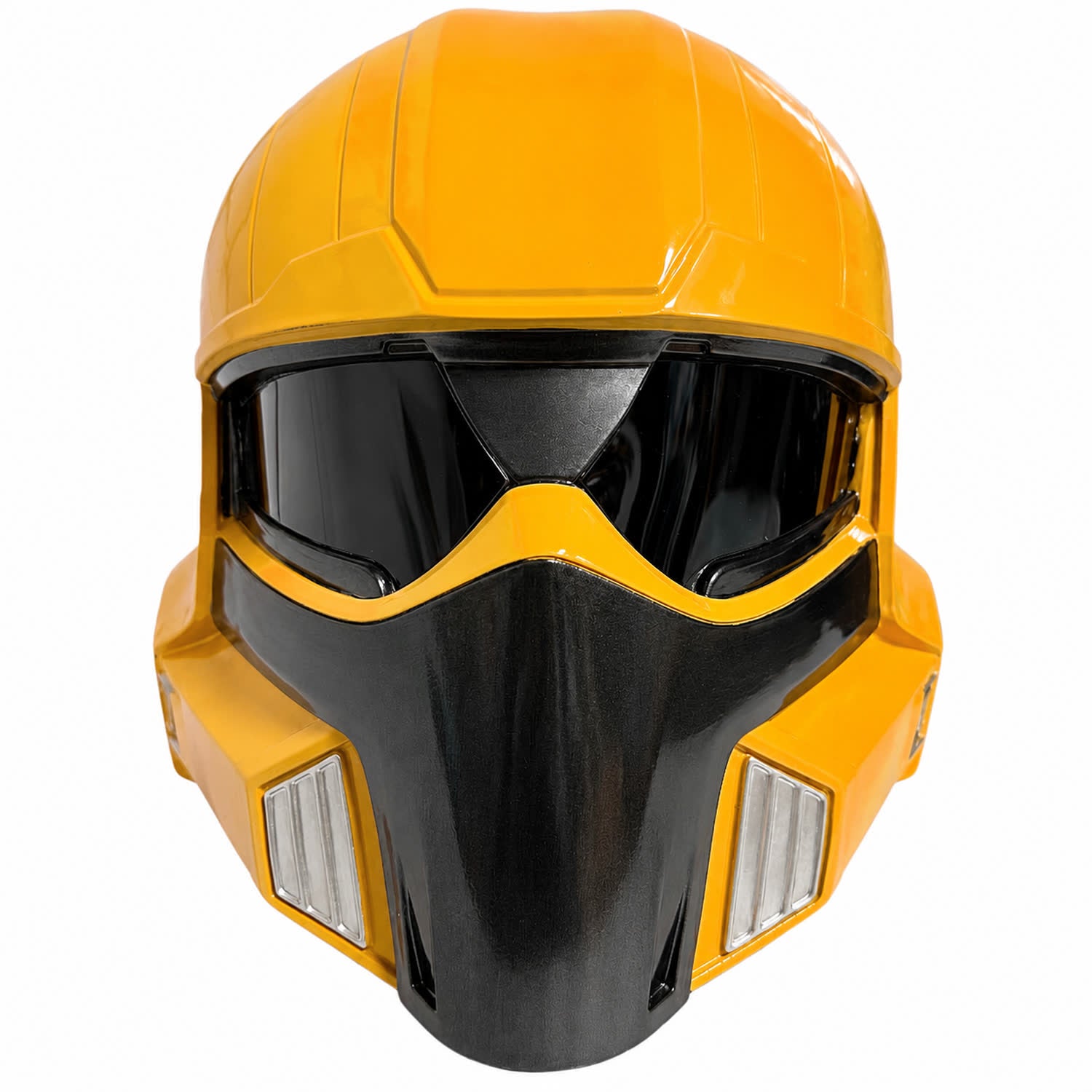 Helldivers 2 TR-40 Gold Eagle helmet front view with black visor
