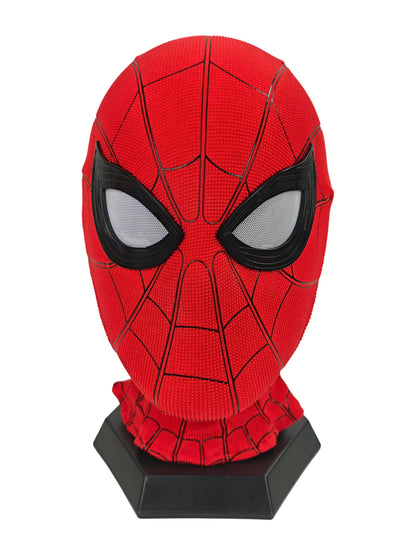 Spider-Man Homecoming mask front view with red textured fabric, black eye frames, white mesh lenses, and black stand