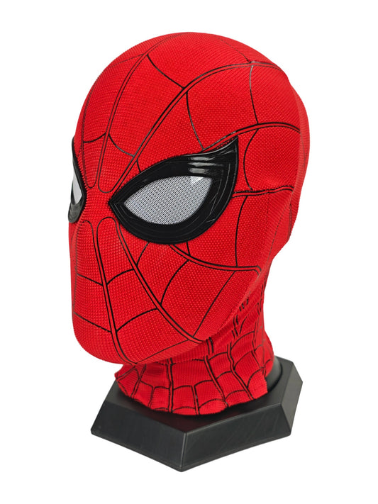 Spider-Man Homecoming mask three-quarter view with red textured fabric, black eye frame, white mesh lens, and stand