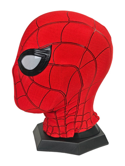 Spider-Man Homecoming mask angled side view with black eye frame, white mesh lens, red texture, and black stand