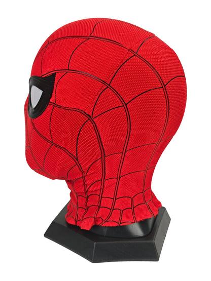 Spider-Man Homecoming mask opposite side view with red segmented fabric, black eye frame, and black display stand