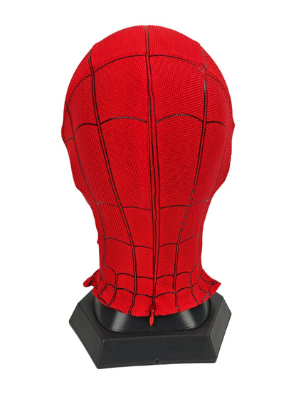 Spider-Man Homecoming mask rear three-quarter view with red segmented fabric, black panel seams, and black stand
